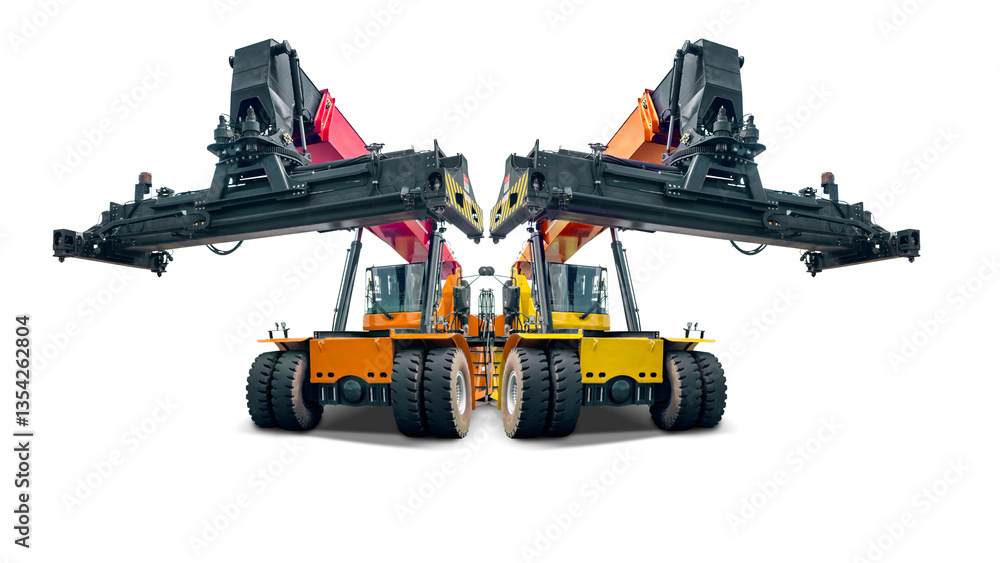 Poster two heavy-duty reach stacker loaders for loading sea containers. isolated for design.