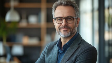Fototapeta premium confident mature ceo standing in office looking directly at camera with a stylish professional appearance representing corporate success leadership and executive management roles