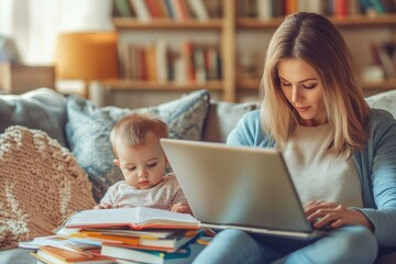 Mother works on laptop with baby reading books, cozy home setting with bookshelf in the background