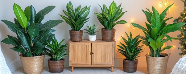 Lush Indoor Plants Arrangement with Decorative Storage Unit