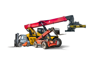 Various types of heavy machinery are arranged in a row, showcasing forklifts, telehandlers, and...