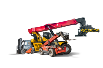 Various types of heavy machinery are arranged in a row, showcasing forklifts, telehandlers, and cranes against a clean, white background.
