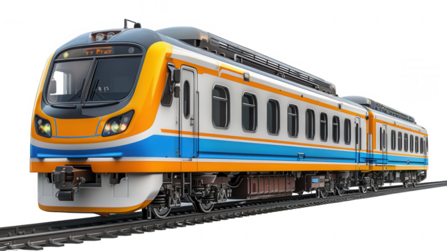 A train with orange and blue stripes is on the tracks