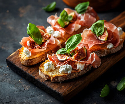 bruschetta with prosciutto ham & figs with white cheese. fresh basil. italian appetizer.