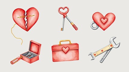 Watercolor Hearts Keys Tools Repairing Love Valentines Day