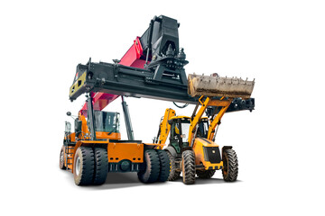 Heavy equipment including a large forklift and a backhoe loader are available for rent in a secluded area. Both machines showcase robust design and functionality.