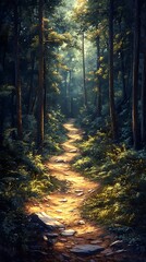 Fototapeta premium Serene Winding Trail Illuminated by Soft Sunlight in a Peaceful Forest