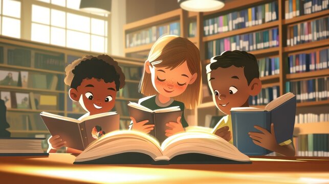 Close-up of a Multiracial group of children in a library enjoying reading books in a colorful and detailed illustrative style