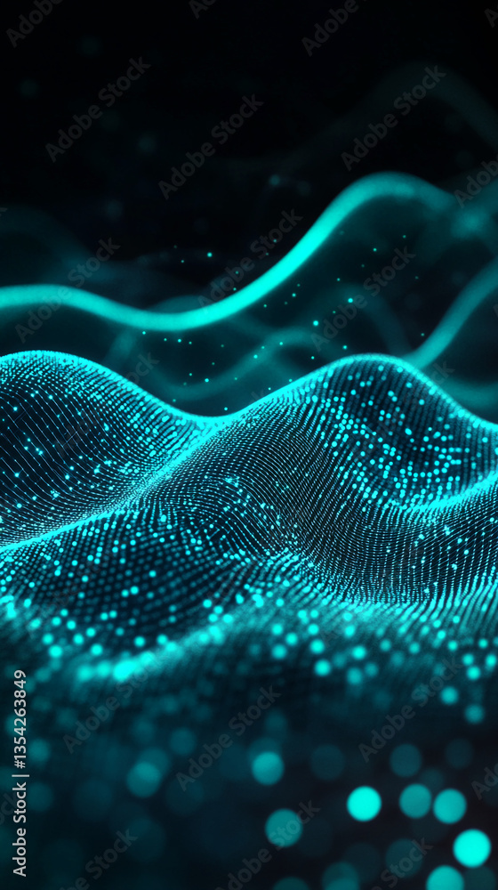 Poster abstract teal digital wave texture, glowing particles form a flowing pattern, suggesting technology,