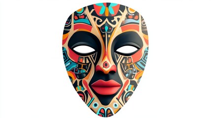 Naklejka premium Artistic mask showcasing abstract geometric designs, bright multicolored patterns, and bold cultural elements, isolated on transparent background for decorative purposes.