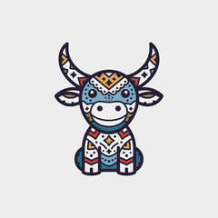 Cute cartoon cow logo, ethnic style design, buffalo linear logotype