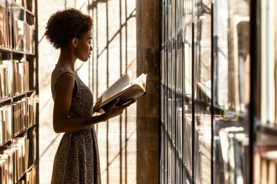 African American Woman Reading a Book by a Window in a Library Filled with Bookshelves