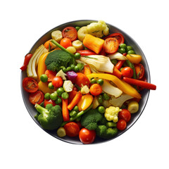 A bowl of vegetables including broccoli, carrots, and tomatoes
