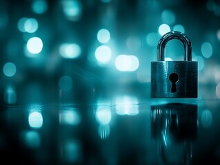 A shiny silver padlock reflecting on a dark surface