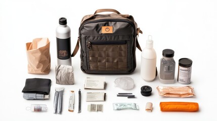 Modern Emergency Kit with Essential Tools and Supplies for Outdoor Adventures, Preparedness, and Survival Situations Displayed on White Background