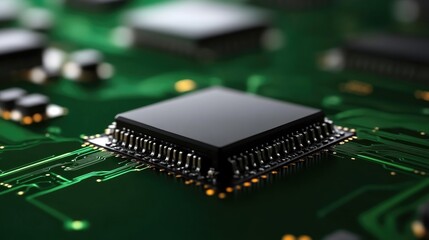 Obraz premium Close-up of a central processing unit (CPU) on a circuit board. Detailed view of intricate electronic components