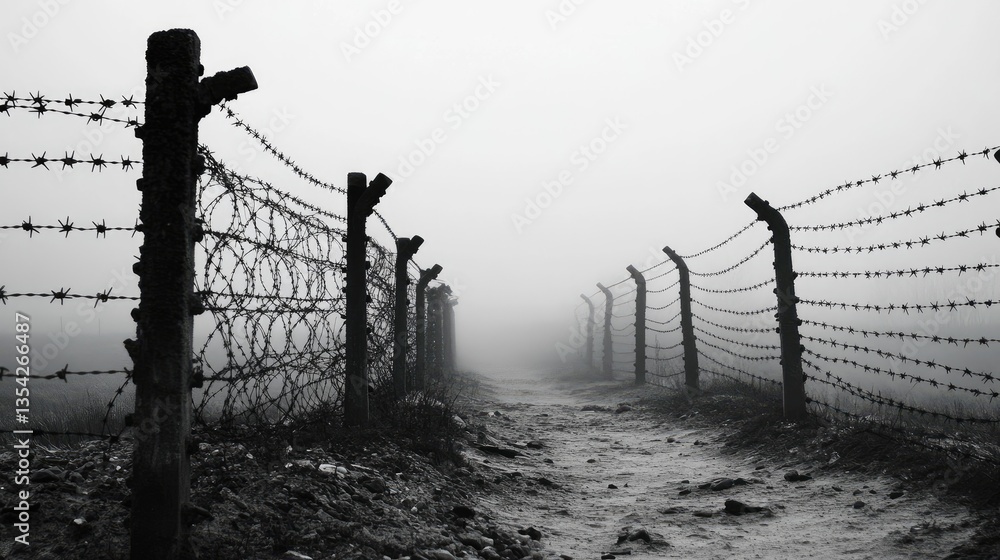 Aufkleber a barbed wire fence in the middle of an empty space, conveying a sense of desolation and separation.