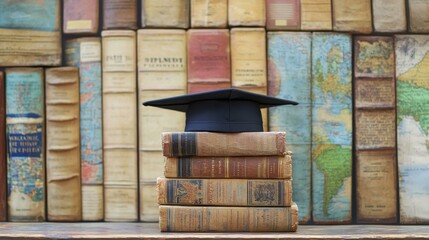 Graduation Cap on Stack of Books with Antique Background - Knowledge, Academic Achievement and Education