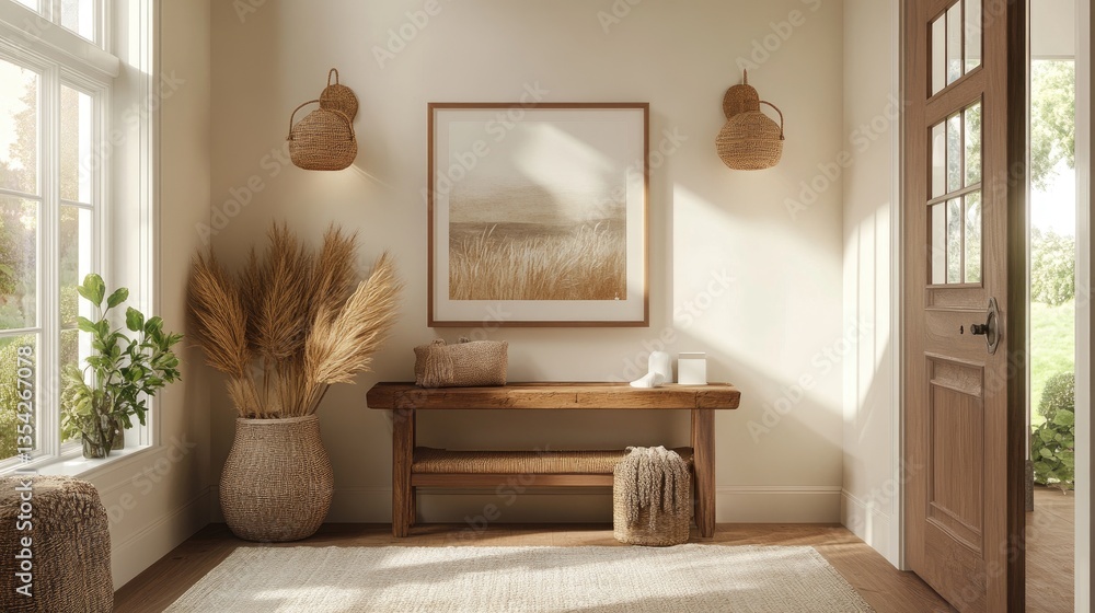 Poster a boho-inspired entryway in beige, with framed art and soft, natural elements that create a calm and