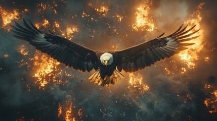 Majestic bald eagle soaring over intense inferno.