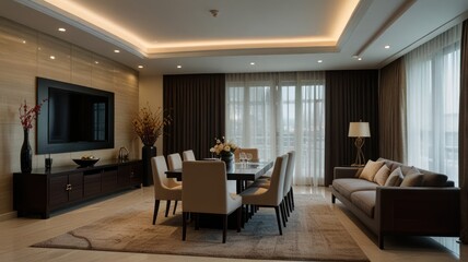 Fototapeta premium Elegant dining and living area with large windows, modern furniture, and warm lighting