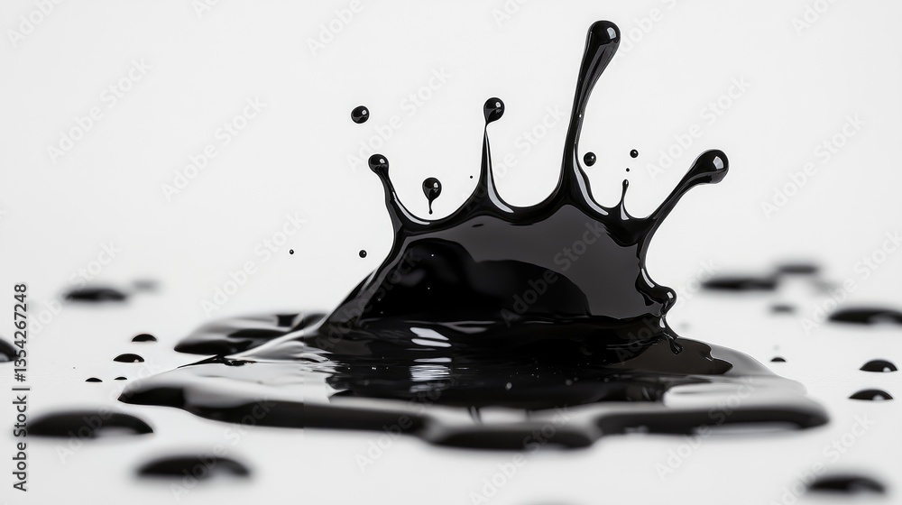 Poster a bold black paint splash on a white background, surrounded by scattered paint droplets, creating a 