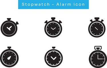 Set of black alarm clock, stopwatch, timer, watch icons in various styles, vector collection clock icon illustration