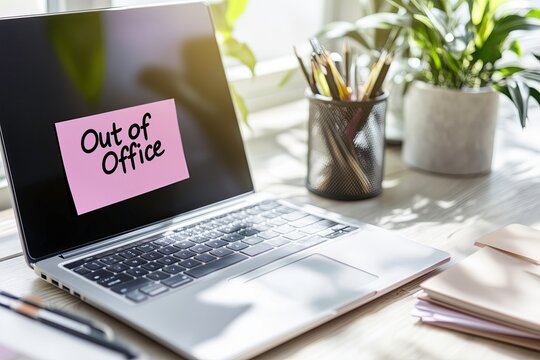 Laptop with "Out of Office" note on screen, pink, white, gray and green, work leave concept