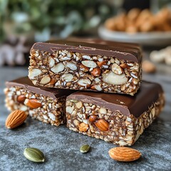 Delicious chocolate bars with nuts, a perfect snack filled with energy and flavor, ideal for a healthy lifestyle.