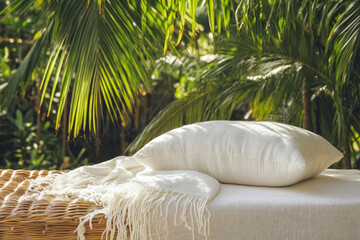 There are three pillows on a bed with a view of the jungle
