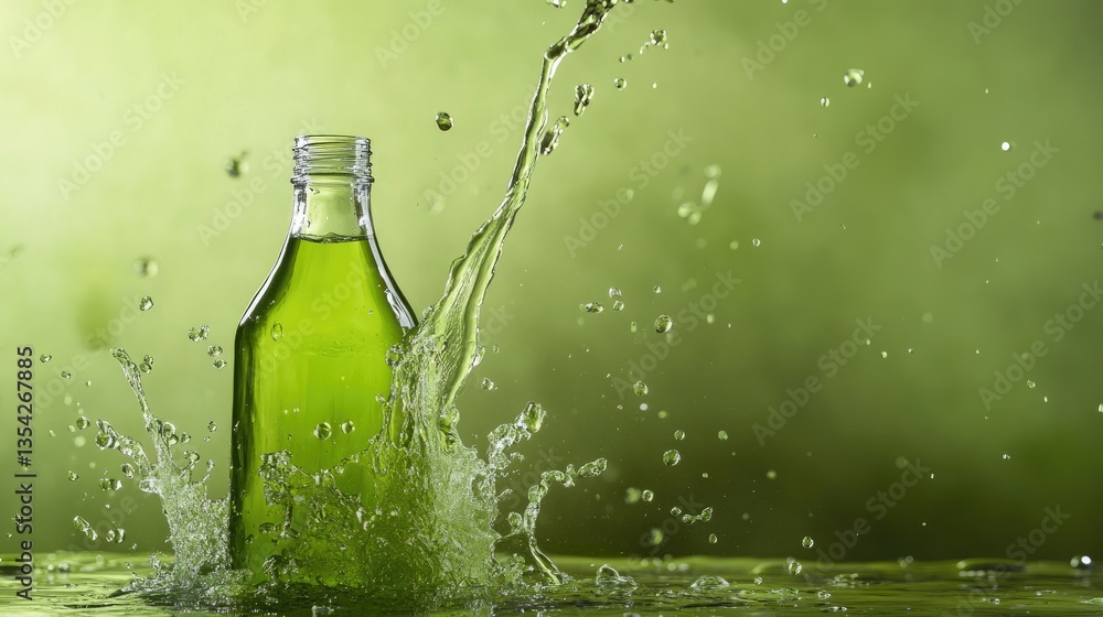 Poster a bottle of fresh green liquid pouring and splashing dramatically in a well-lit studio setting, with