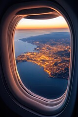 Fototapeta premium Spaceship flies near amazing night planet Earth, view from window. Travel and tourists in space