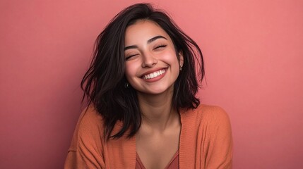 Fototapeta premium beautiful hispanic woman posing in a studio with a bright smile and natural confident attitude showing happiness fashion and elegance for lifestyle and portrait photography