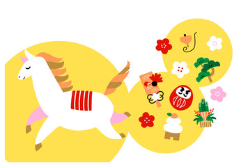 午年年賀状テンプレート　シンプルな馬とお正月イメージのアイテム