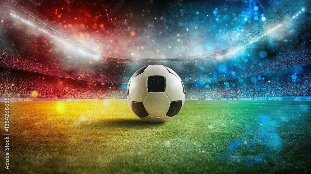 Poster a bright soccer ball sits in the center of a field, set against a dynamic and colorful stadium backg