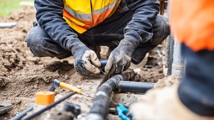 A construction worker measures and cuts pipes for plumbing on a busy site, tools scattered around, focused on precise work amid the hustle.