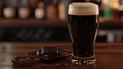 A glass of beer sits on a wooden table next to a chocolate bar