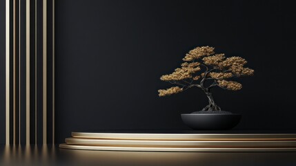 Minimalist bonsai display on a gold podium, dark background