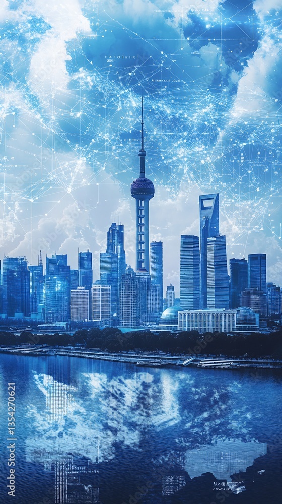 Aufkleber shanghai skyline with network data overlay