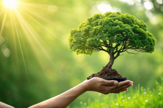 hand holdig big tree growing on green background with sunshine