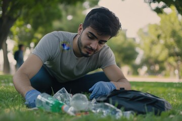 a young male person wearing gloves, picking up a plastic bottle and other garbage from the grass in a park