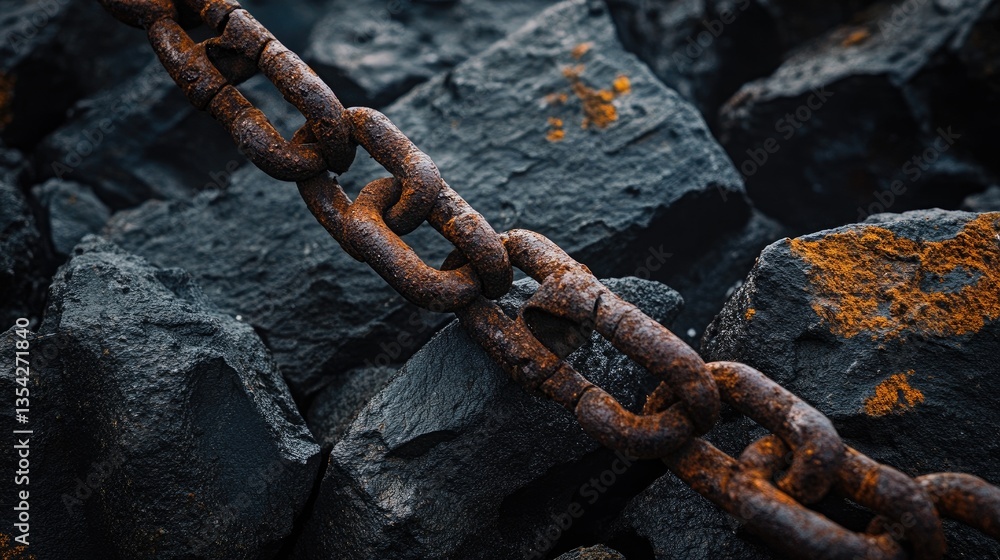 Poster A close-up of a rusty chain draped over dark industrial rocks, adding texture and contrast between decay and the harsh, industrial environment.