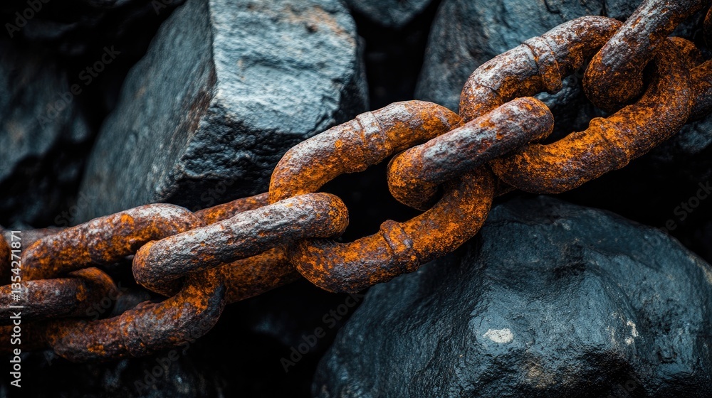 Poster A close-up of a rusty chain draped over dark industrial rocks, adding texture and contrast between decay and the harsh, industrial environment.