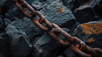 A close-up of a rusty chain draped over dark industrial rocks, adding texture and contrast between decay and the harsh, industrial environment.