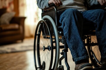 Obraz premium a person in a wheelchair with crutches at home, close-up view