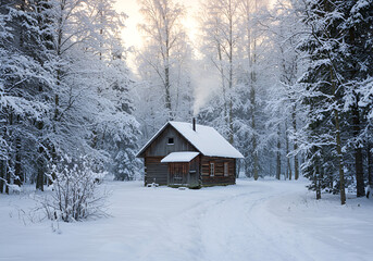 A rustic wooden cabin nestled in a snowy forest during winter.