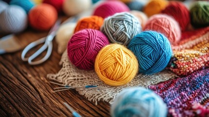 A close-up of vibrant, colorful yarn balls on a rustic wooden table in a sunny craft room, surrounded by scissors, needles, and fabric.