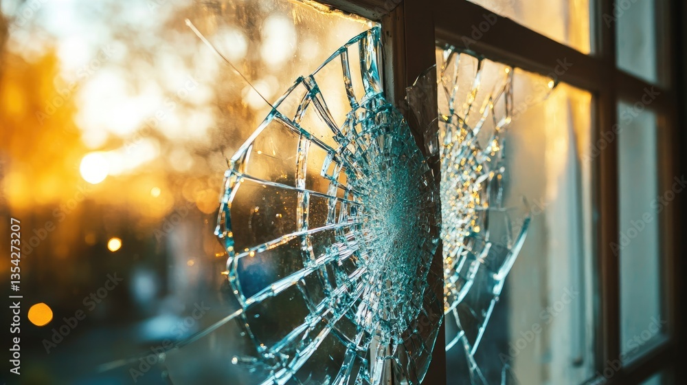 Poster A close-up shot of window glass shattering into sharp fragments, evoking a sense of chaos and tension in a dynamic scene.