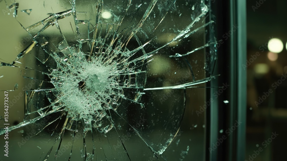 Poster A close-up shot of window glass shattering into sharp fragments, evoking a sense of chaos and tension in a dynamic scene.