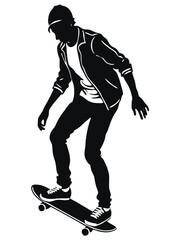Black silhouette of skateboarder isolated on white background. Skateboard guy. Skateboarding trick ollie. Jump on skateboard
